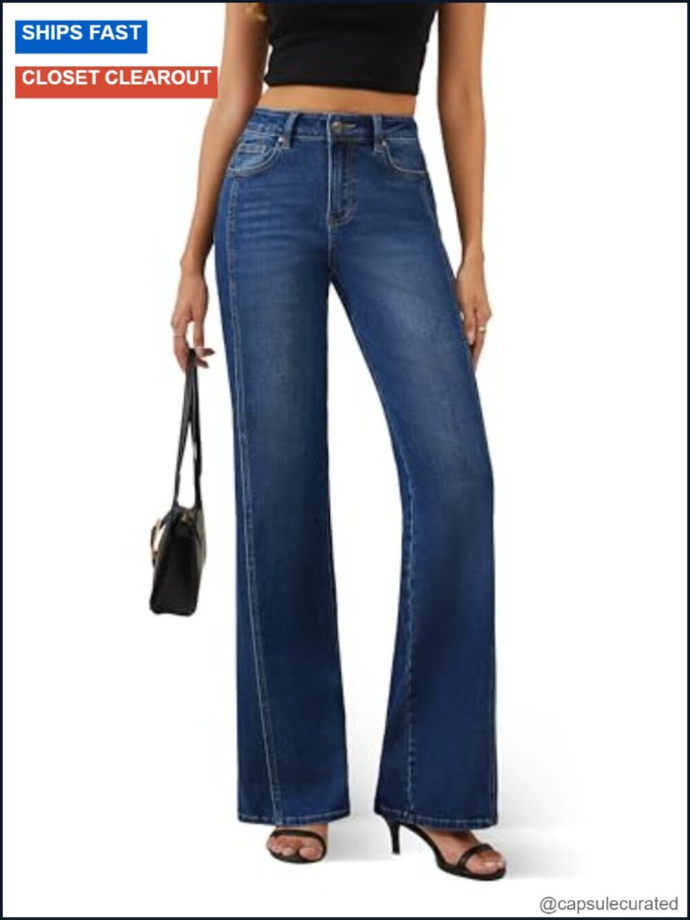 Women's High Waisted Wide Leg Stretch Denim Jeans with Front Seam